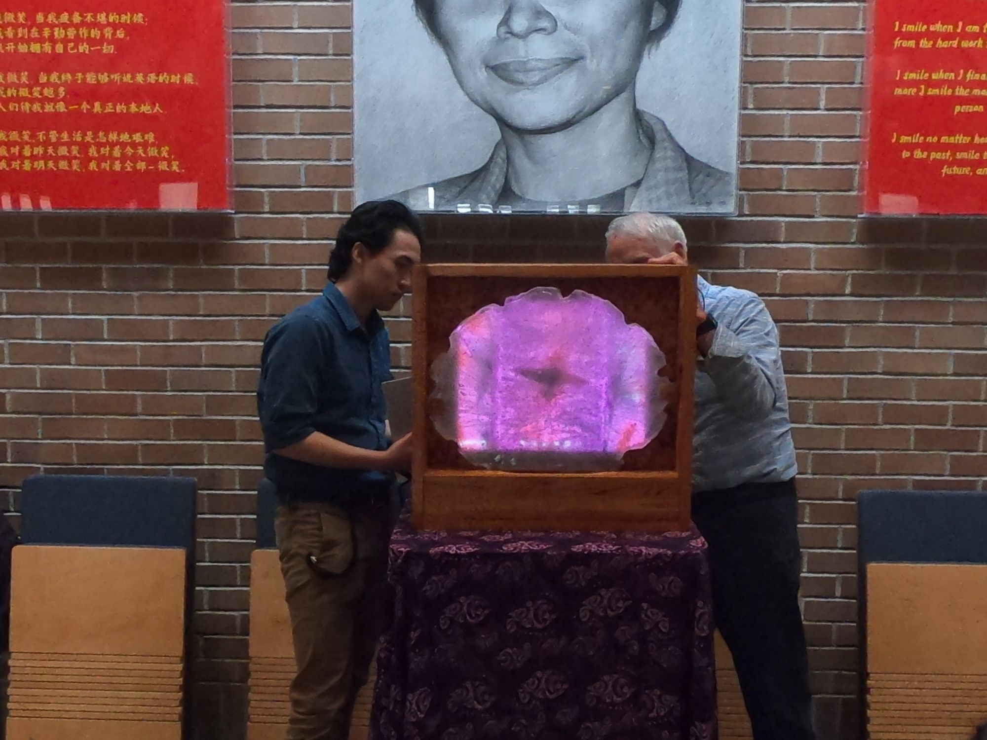 A cross-section of the brain made of glass that lights up and changes color, inside a wooden box, on a table with a patterned tablecloth.