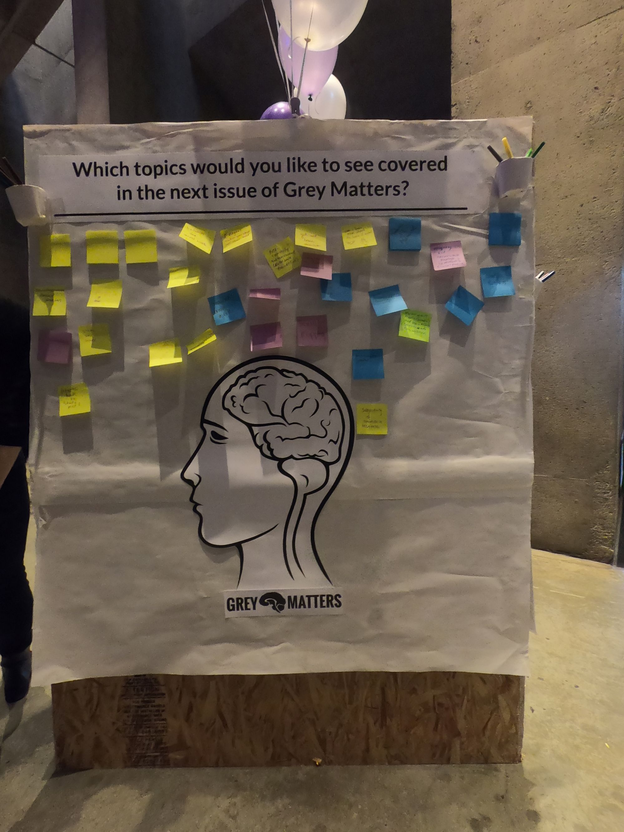 A board with the question: 'What topics would you like to see covered in the next issue of Grey Matters?' with multicolored sticky notes that attendees put on it with their desired topics.