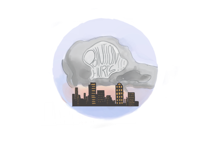 Artwork depicting smog and smoke over a city that says 'Pollution Hurts!!!'